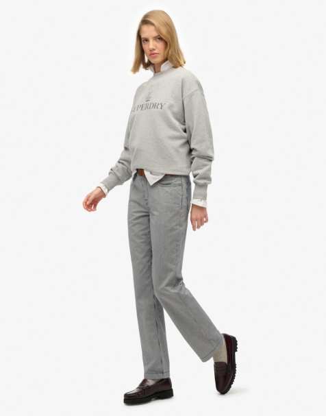 Superdry Mid rise straight stripe pants in deep navy hickory stripe