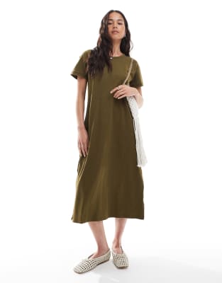 Superdry Midi t-shirt dress in khaki-Green