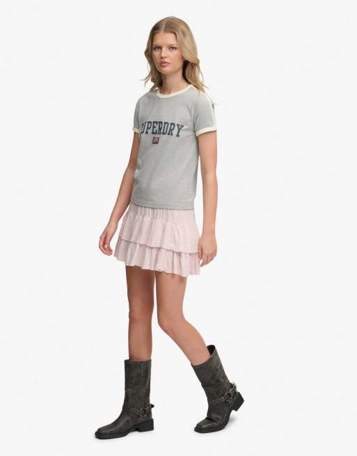 Superdry - Mini-jupe à volants étagés et motif cœurs - Rose blush