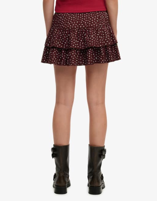 Superdry - Mini-jupe imprimée à volants étagés - Rouge porto à petites fleurs