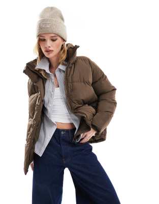 Superdry - Mittellange Pufferjacke in warmem Braun