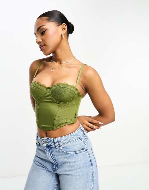 Superdry – Mittellanges Korsett-Oberteil aus Spitze und Satin in Khaki-Olivgrün