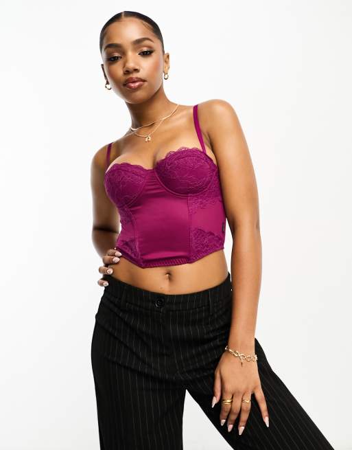 Superdry – Mittellanges Korsett-Oberteil aus Spitze und Satin in Magenta-Lila