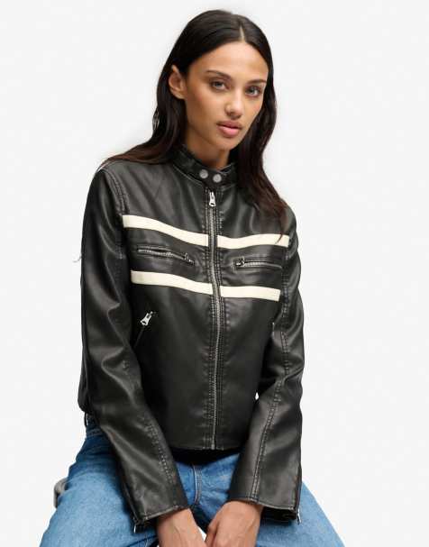 Superdry Moto faux leather jacket in washed black/off white - view 1