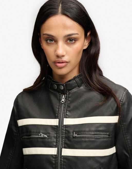 Superdry Moto faux leather jacket in washed black/off white, 2 of 7