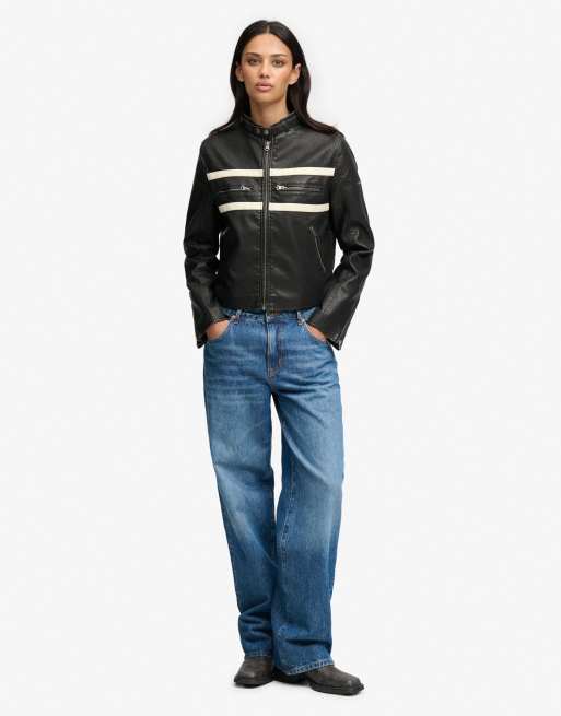 Superdry Moto faux leather jacket in washed black/off white, 3 of 7