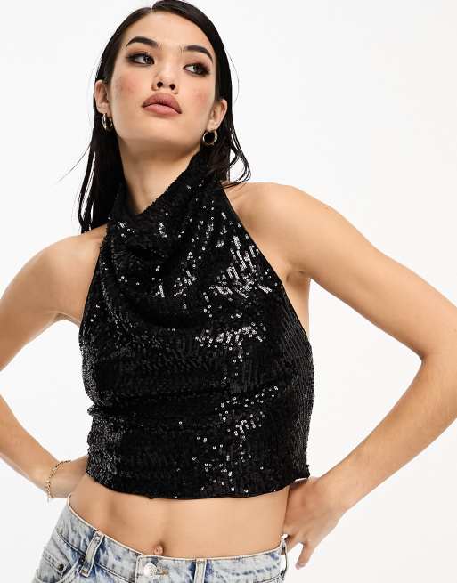 Superdry – Neckholder-Oberteil in Schwarz mit Wasserfallkragen und eckigen Pailletten