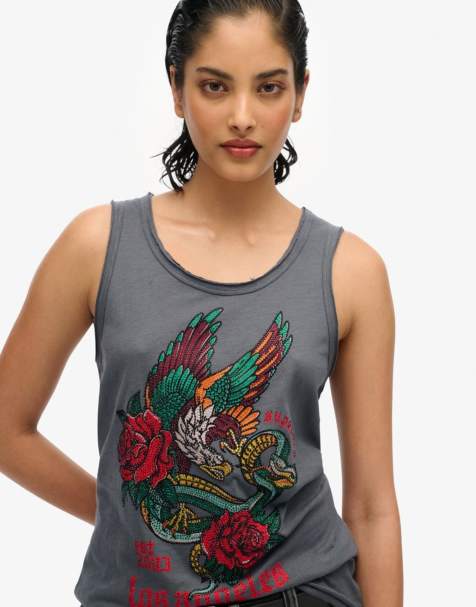 Superdry - Neo Trad - T-shirt effet flammé à encolure dégagée et imprimé tatouage - Noir délavé - view 1
