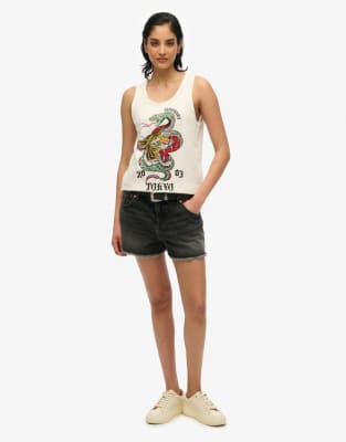 Superdry Neo trad tattoo scoop neck tank top in bone white slub