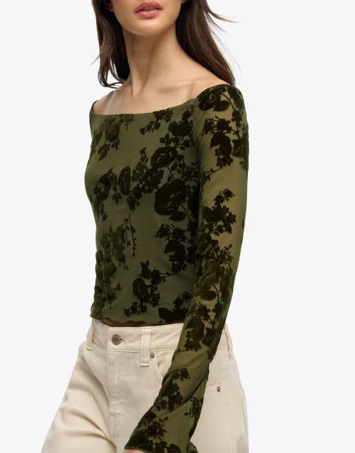 Superdry Oberteil aus Mesh mit Flockprint und langen Ärmeln in Tannengrün, 3 von 5