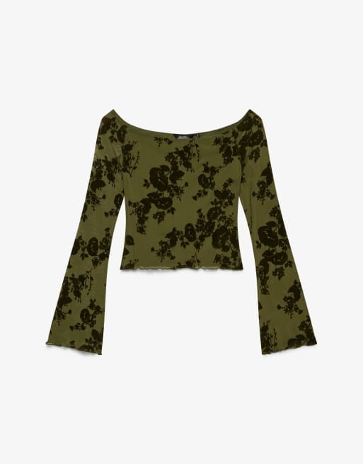 Superdry Oberteil aus Mesh mit Flockprint und langen Ärmeln in Tannengrün, 5 von 5