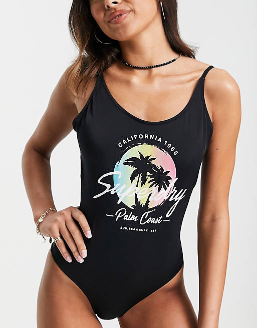 Superdry ombre logo scoop swimsuit in black