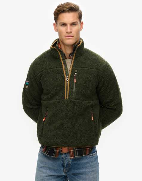 Superdry – Outdoor – Jacke aus Teddyfleece in Surplus Goods-Olivgrün mit halblangem Reißverschluss - view 1