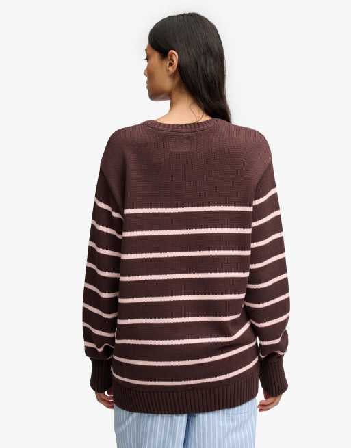 Superdry Oversize-Pullover mit Streifen in Kastanienbraun/Hellrosa, 2 von 4