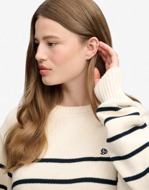 Superdry Oversize-Pullover mit Streifen in Wollweiß/Marineblau, 3 von 4