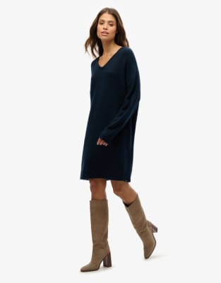 Superdry - Oversize-Pulloverkleid in dunklem Petrol mit V-Ausschnitt verdrehtem Design-Marineblau