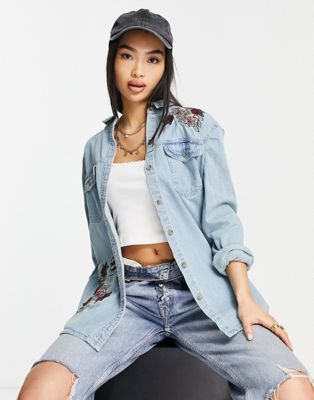 Superdry oversized embroidered denim shirt in blue