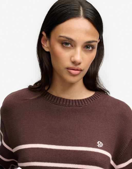 Superdry Oversized stripe jumper in chestnut brown/pale pink strpe, 3 of 4