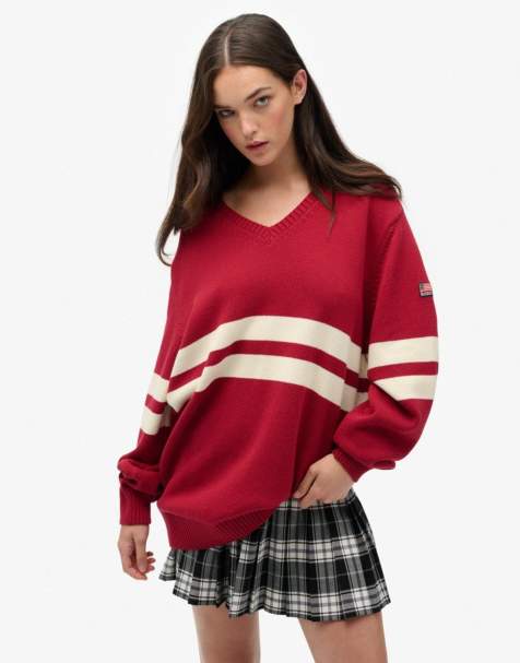 Superdry Oversized striped v-neck jumper in bordeaux red - view 1
