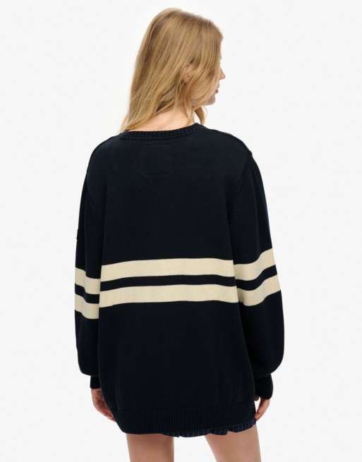Superdry Oversized striped v-neck jumper in deep navy ASOS