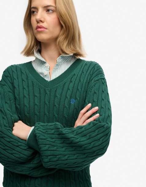 Superdry Oversized v neck cable jumper in darkest pine green - view 1