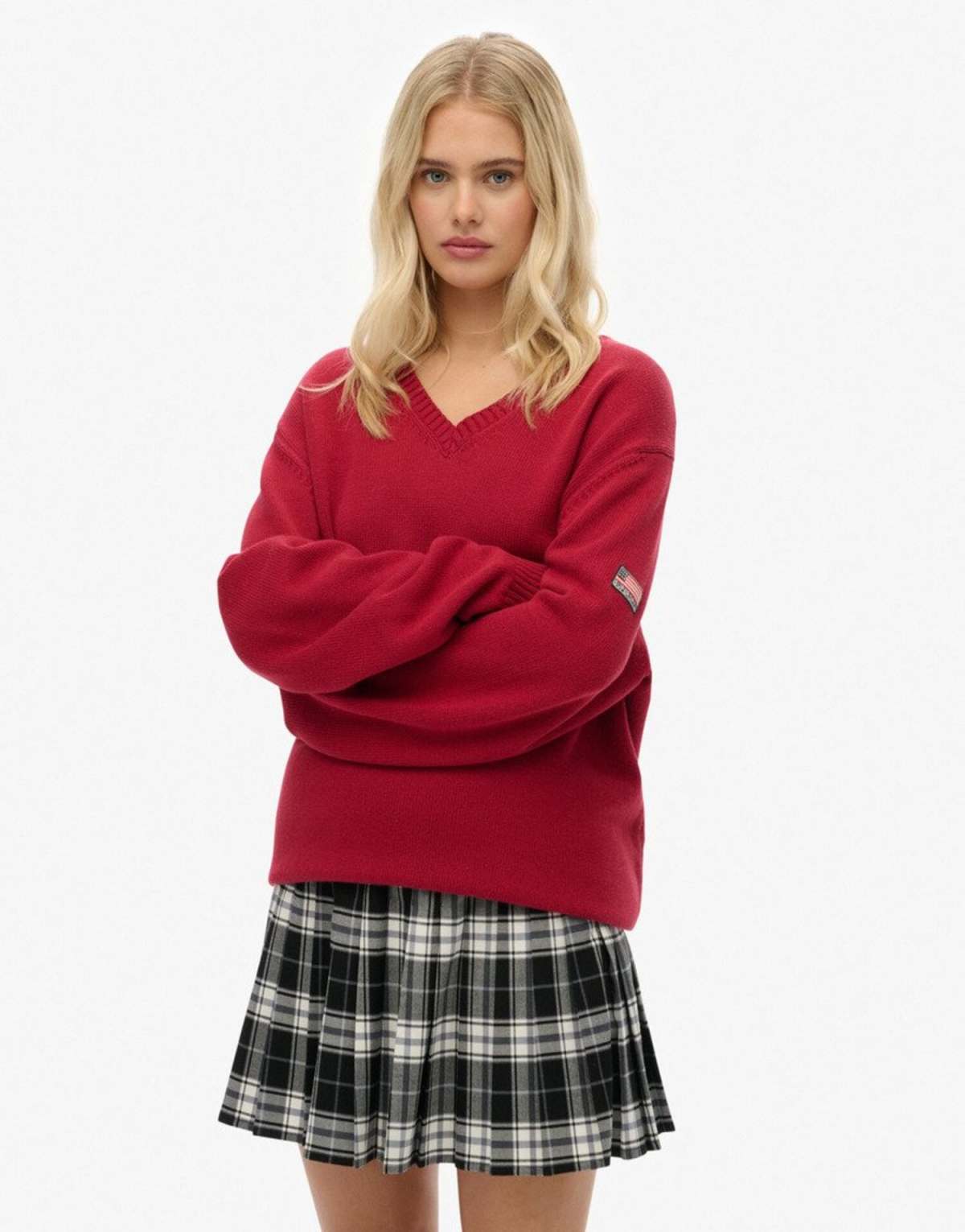 Superdry Oversized v neck jumper in bordeaux red