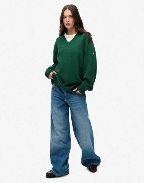 Superdry Oversized v neck jumper in dark green - view 1