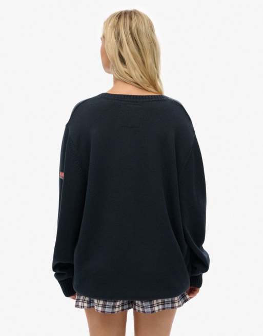 Superdry Oversized v neck jumper in deep navy ASOS
