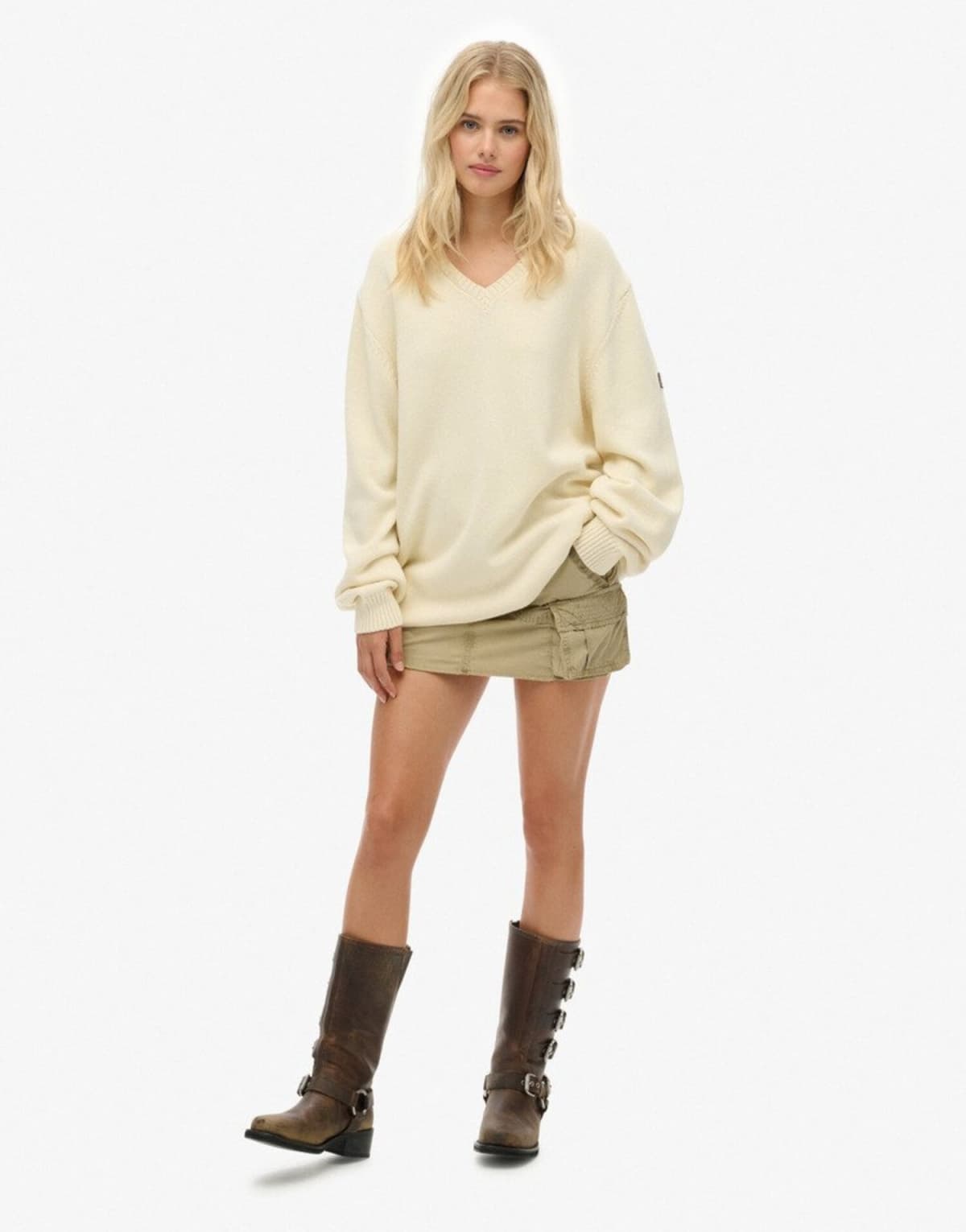 Superdry Oversized v neck jumper in natural white