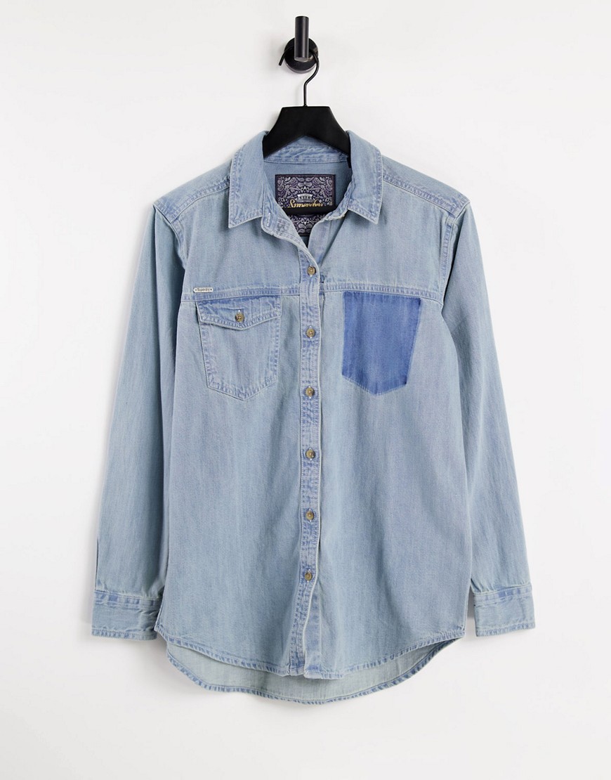 Superdry oversized vintage wash denim shirt with contrast pocket in blue-Blues