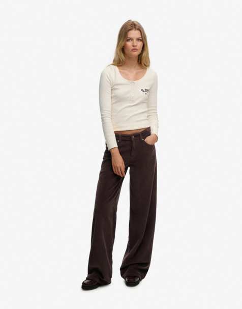 Superdry - Pantalon baggy à taille mi-haute en velours côtelé - Marron chêne foncé - view 1