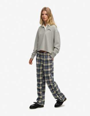 Pantalon élastique en coton à carreaux - Crème/Bleu marine 40