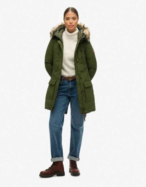 Superdry - Parka en duvet avec capuche en fausse fourrure - Vert kaki