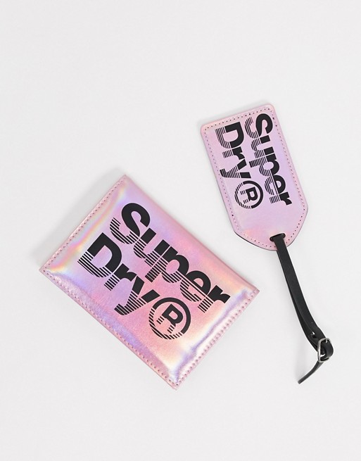 Superdry passport and luggage tag set in pink