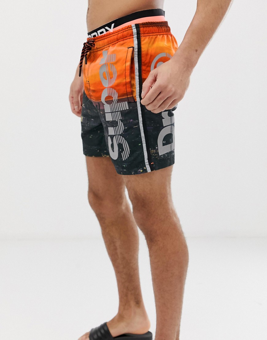 Superdry photographic logo volley swim shorts in orange