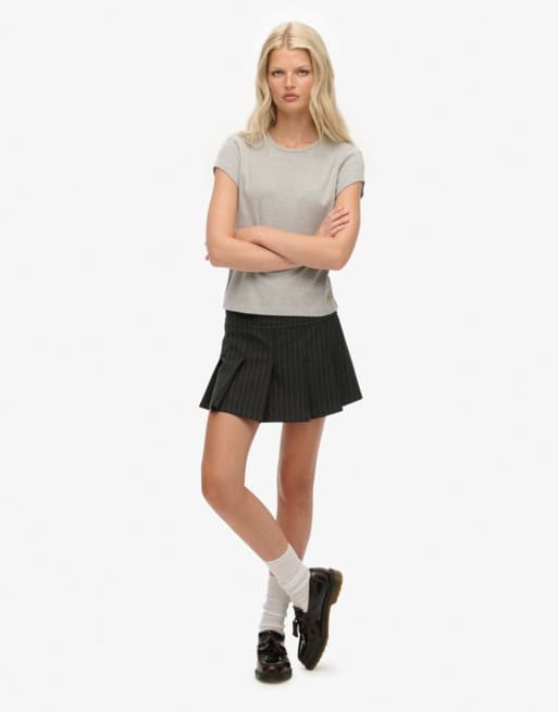 Superdry Pinstripe pleat mini skirt in charcoal pinstripe