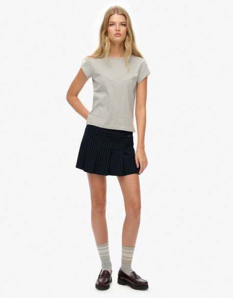 Superdry Pinstripe pleat mini skirt in navy pinstrp