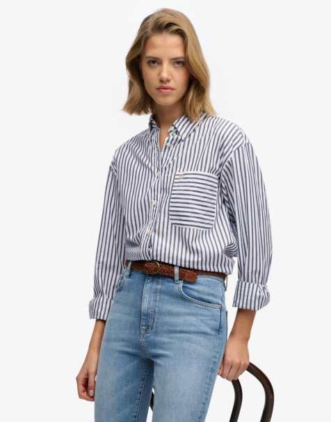 Superdry Poplin relaxed long sleeve shirt in navy/white - view 1