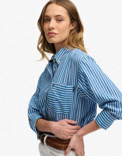 Superdry Poplin relaxed long sleeve shirt in royal blue/white - view 1