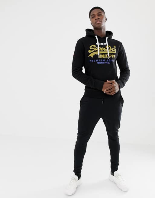 Superdry Premium Goods tri infill hooded sweat in black