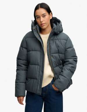 Superdry Premium hooded check puffer jacket in olive/navy check