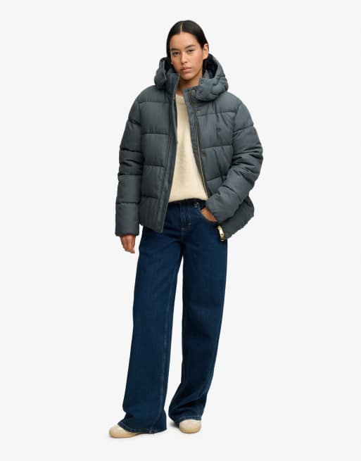 Superdry Premium hooded check puffer jacket in olive/navy check, 4 of 6