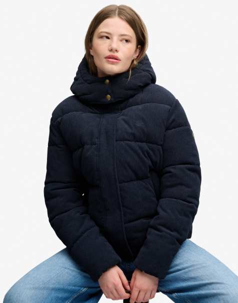 Superdry Premium hooded cord puffer jacket in eclipse navy - view 1