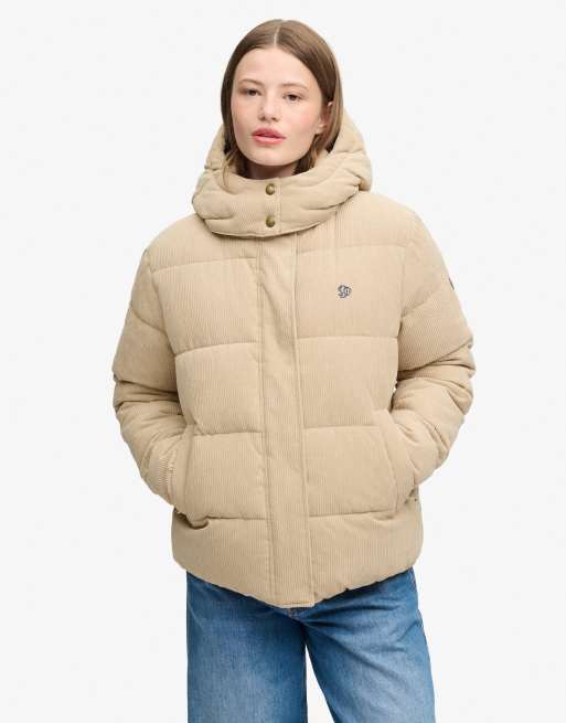 Superdry Premium hooded cord puffer jacket in incense brown, 2 of 6