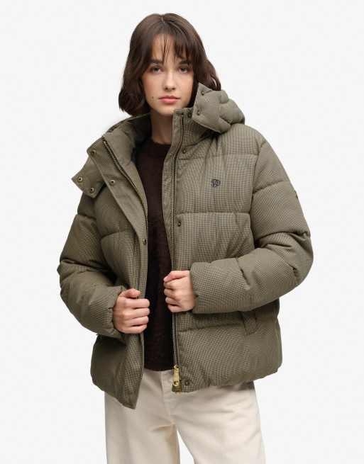 Superdry Premium Kapuzen-Steppjacke mit Karomuster in Braun Heritage Check