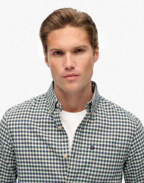 Superdry – Premium – Kariertes Oxford-Hemd in Ecru/Blau mit kleinem Gittermuster - view 1