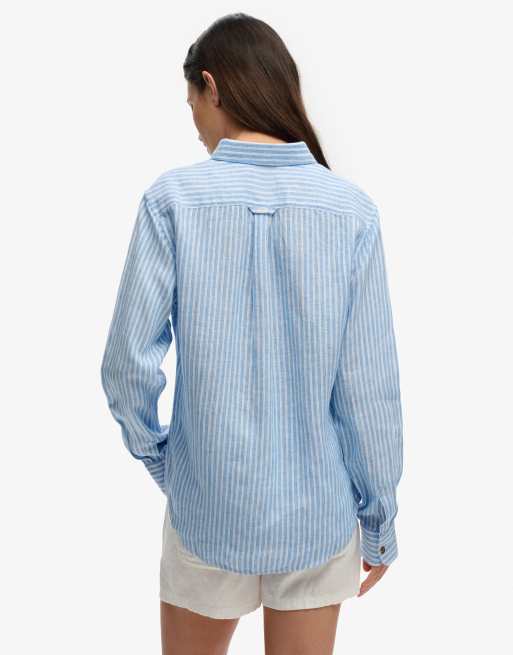 Superdry Premium Leinen-Hemd mit Knopfleiste und schmaler Passform in klassischem Blau mit Streifen, 5 von 5
