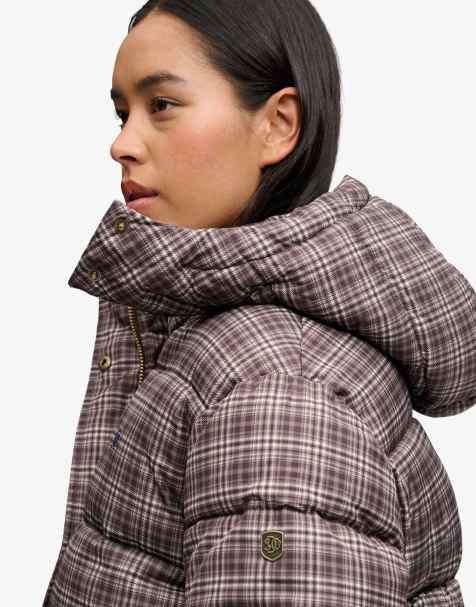 Superdry Premium printed check puffer jacket in chestnut brown check - view 1