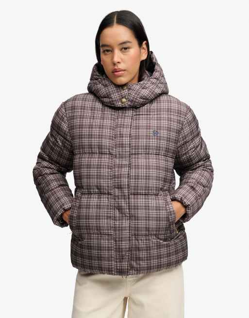 Superdry Premium printed check puffer jacket in chestnut brown check, 2 of 6