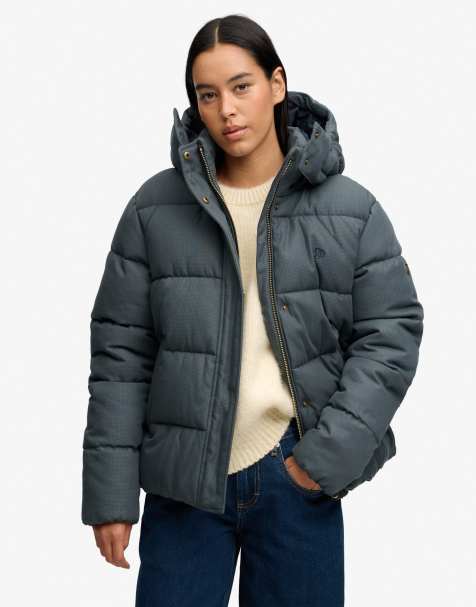 Superdry Premium Steppjacke mit Kapuze und Karomuster in Oliv/Marineblau - view 1